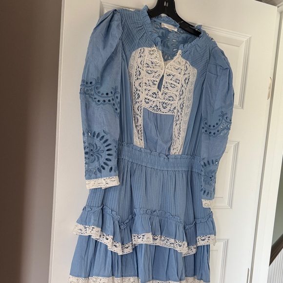 LoveShackFancy Dresses & Skirts - LoveShackFancy Blue Mini Dress with White Lace Trim